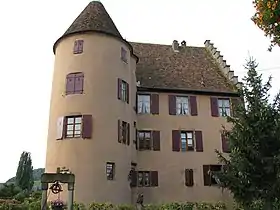 Château Wagenbourgfaçades, toitures, tour d'angle, tourelle d'escalier, pont d'accès avec piliers, grand escalier avec balustrade et cage, salles voûtées de la tour d'angle, escalier en vis dans la tourelle, pièce ouest avec parquet, plafond et cheminée, pièce nord lambrissée, six statues allégoriques dans le jardin