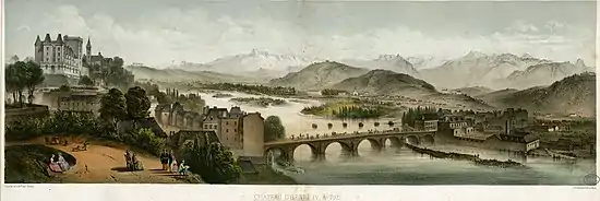 Vue d'artiste d'un paysage, château, pont sur une rivière et montagnes au loin.