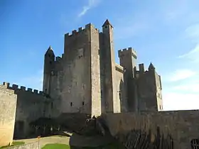 Photographie en contre-plongée de la partie principale d'un château-fort aux pierres de couleur grise.