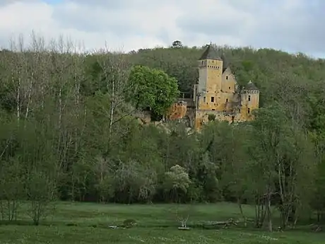 La Grande Beune ou Beune du Nord et le château de Laussel, vus depuis le château de Commarque.