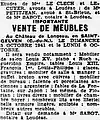 Annonce de la vente des meubles du château de Longeau (journal L'Ouest-Éclair du 27 septembre 1941).