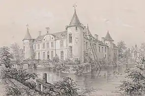 Vue sud-ouest du château, représentée par Félix Benoist.