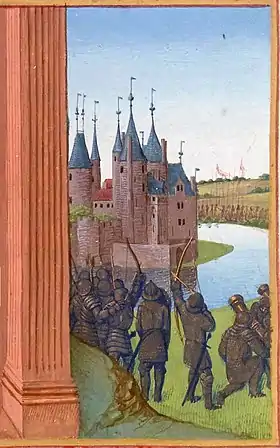 Château entouré de la Seine ; de l'autre côté se trouvent des soldats en armure envoyant des projectiles.