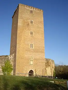 Photographie en couleurs de la tour d'un château.