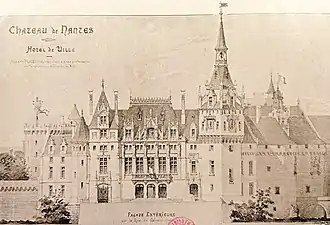 Projet d'Henri Deverin de construction d'un hôtel de ville à Nantes à l'emplacement de l'aile détruite du château. Vue depuis les douves.