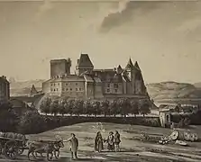 Dessin en noir et blanc d'un vieux château avec au premier plan des gens.
