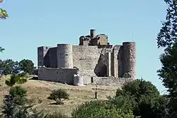 Château entouré d'un mur bas, trois tours visibles à chacun des angles d'un mur d'enceinte plus élevé dans lequel s'ouvre une porte fortifiée, un donjon domine le tout.