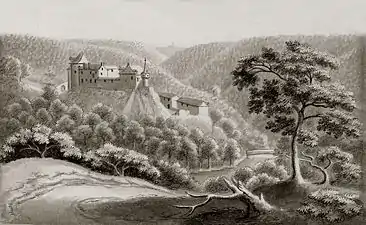 Le château de Reinhardstein (vu depuis le flanc sud de la vallée de la Warche) (1738).