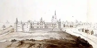 Lavis représentant la ville et le château de Châteaubriant vus de l'est.