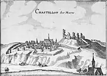 Dessin en noir et blanc représentant une ville fortifiée et un château en ruine situés sur une colline.
