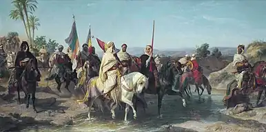 Peinture représentant des cavaliers armés, dont une femme.