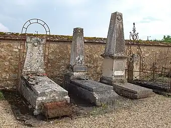 Tombes au cimetière de Chéroy dans l'Yonne, dont certaines sont surmontées d'obélisques.