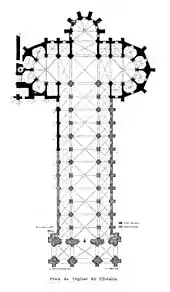 Plan dessiné orienté avec le chœur à gauche, les parties subsistantes en noir et le reste en gris