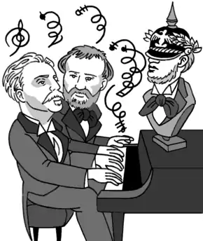 Caricature. Chabrier et Fauré au piano, où repose Wagner en buste les yeux couverts d'un casque à pointe avec lauriers.