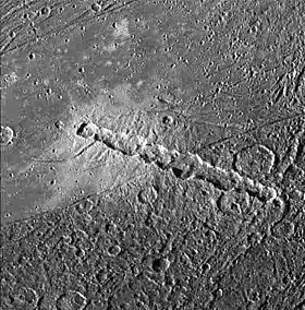Alignement de cratères à la surface de Ganymède.