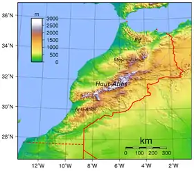 Carte topographique du Maroc montrant le Rif au nord.