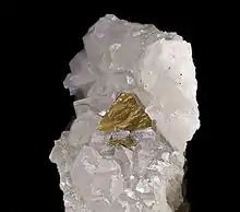 Chalcopyrite sur quartz - Mine de Mont-Roc, Tarn France  (5 × 3 cm; XX1.2cm)