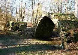 Vue de l'arche en ruine d'un pont isolée dans un pré