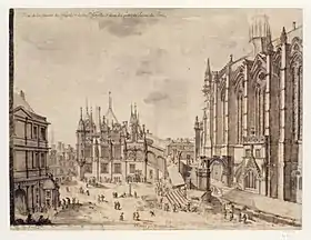 Dessin représentant un bâtiment imposant au fond et une Chapelle à droite.