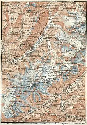 Carte topographique ancienne où sont représentés de nombreux glaciers.