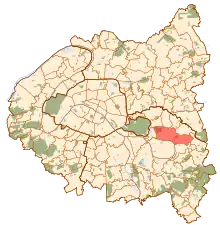 Carte de la petite couronne parisienne, avec le territoire de Champigny-sur-Marne en rouge.