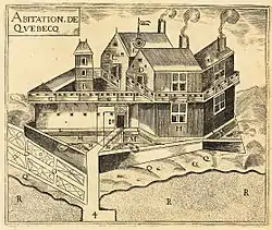 Habitation de Québec, en 1608, par Samuel de Champlain.