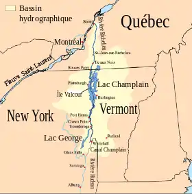 Carte géographique permettant de situer le lac Champlain au centre du Vermont.