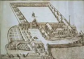 dessin montrant une vue d'ensemble d'un couvent avec une cour entourée d'édifices