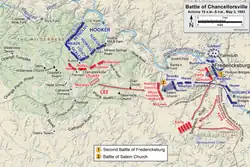 Chancellorsville,actions du 3 mai, 10 h. – 17 h. incluant la seconde bataille de Fredericksburg et la bataille de Salem Church.