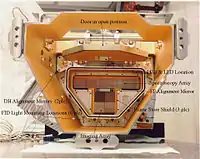 Vue des détecteurs de l'instrument ACIS : les dispositifs à transfert de charges (CCD) dédiés aux images forment un carré tandis qu'au-dessus les dispositifs à transfert de charges dédiés à la spectroscopie forment un rectangle.