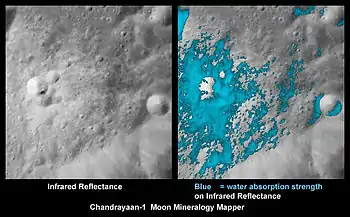 Deux vues de la même image de surface lunaire. À droite, une grande partie est colorée en bleu.