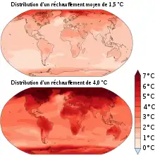 Deux mapemondes dont l'intensité de rouge est proportionelle aux évolutions de température prévues locales.