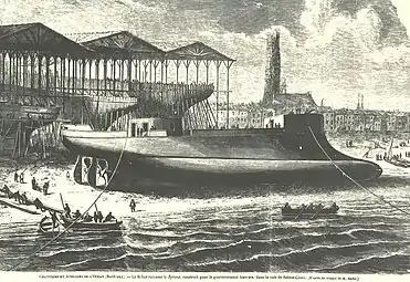 Construction du bélier cuirassé Sphinx au Chantiers et Ateliers de l'Océan, site de Sainte-Croix, 1863.