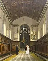 Une gravure de la chapelle ; l'arche du chœur est étroite et des mémoriaux  sont disposés de chaque côté ; les carreaux sur le sol sont noir et blanc ; des bancs en bois sculptés sont installés de chaque côté contre les murs ; un tableau est en face sur le mur du fond : Un homme vêtu d'une robe noire parle à deux femmes portant des bonnets et des robes blanches.