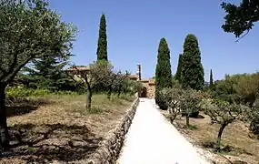 Voie d'accès à la chapelle dont on entrevoit le porche d'entrée, dans un cadre méditerranéen typique de vignes, d'oliviers et de cyprès.