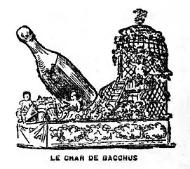 Gravure figurant un pavillon en treille vinicole et une bouteille de vin géante