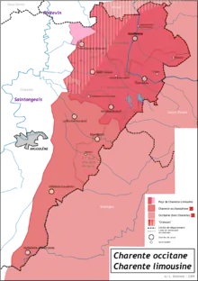 Charente : limites ouest de l'Occitanie (en rouge) correspondant à la Charente occitane.