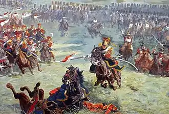 De nombreux cavaliers chargent lors d'une bataille.