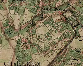 Carte dressée vers 1775 par Joseph de Ferraris. La rue va de l'endroit marqué Machine à feu vers le Nord, traverse le ruisseau et aboutit au chemin perpendiculaire sur Lodelinsart.