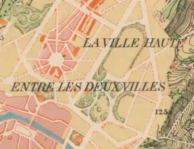 Plan de 1873 avec le projet de 1867, détail avec les espaces verts.