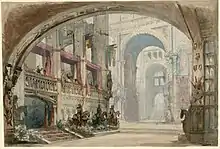 Robert Bruce, de Gioachino Rossini, Act III, Scene 3 (La draperie s'ouvre découvrant le rempart de la forteresse), une étude de Charles-Antoine Cambon en 1846.