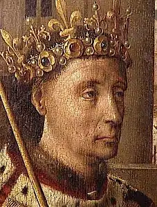 Détail du tableau précédent. Cette représentation de Saint Louis arbore peut-être les traits de Charles VII mais l'identification est controversée.