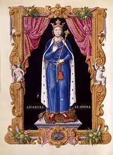 Enluminure représentant un personnage debout, coiffé d'une couronne, avec la mention CHARLES LE SIMPLE.