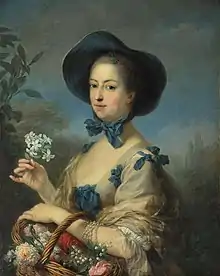 Tableau d'une femme en robe printanière, avec chapeau et bouquet à la main.