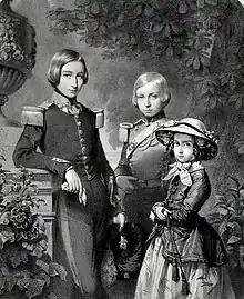 gravure représentant les trois enfants du roi Léopold Ier : ses deux fils sont en uniforme