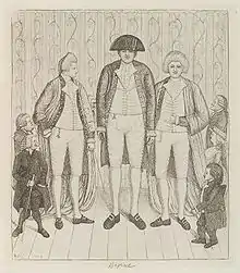 image en noir et blanc, trois hommes grands avec le géant au milieu, quelques nains de chaque côté. Byrne porte un chapeau à la Napoléon