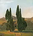 Cypress trees at the Villa d'Este, galerie d'art d'Australie-Méridionale, Adélaîde, Australie.