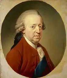 Peinture d’époque. Portrait, avec perruque XVIIIe siècle, veste garance et cordon bleu sous la veste.