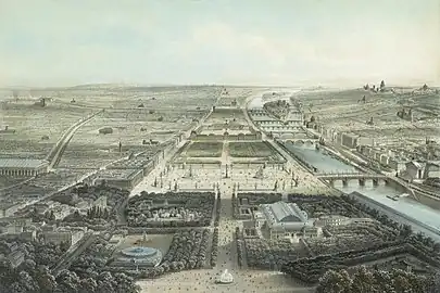 Vue au-dessus des Champs-Élysées sous le Second Empire, vers le jardin et le palais. Au premier plan: le rond-point.