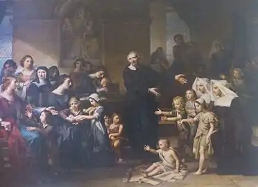 Tableau montrant un homme en noir, montrant des enfants miséreux à des femmes vêtues de bleu.